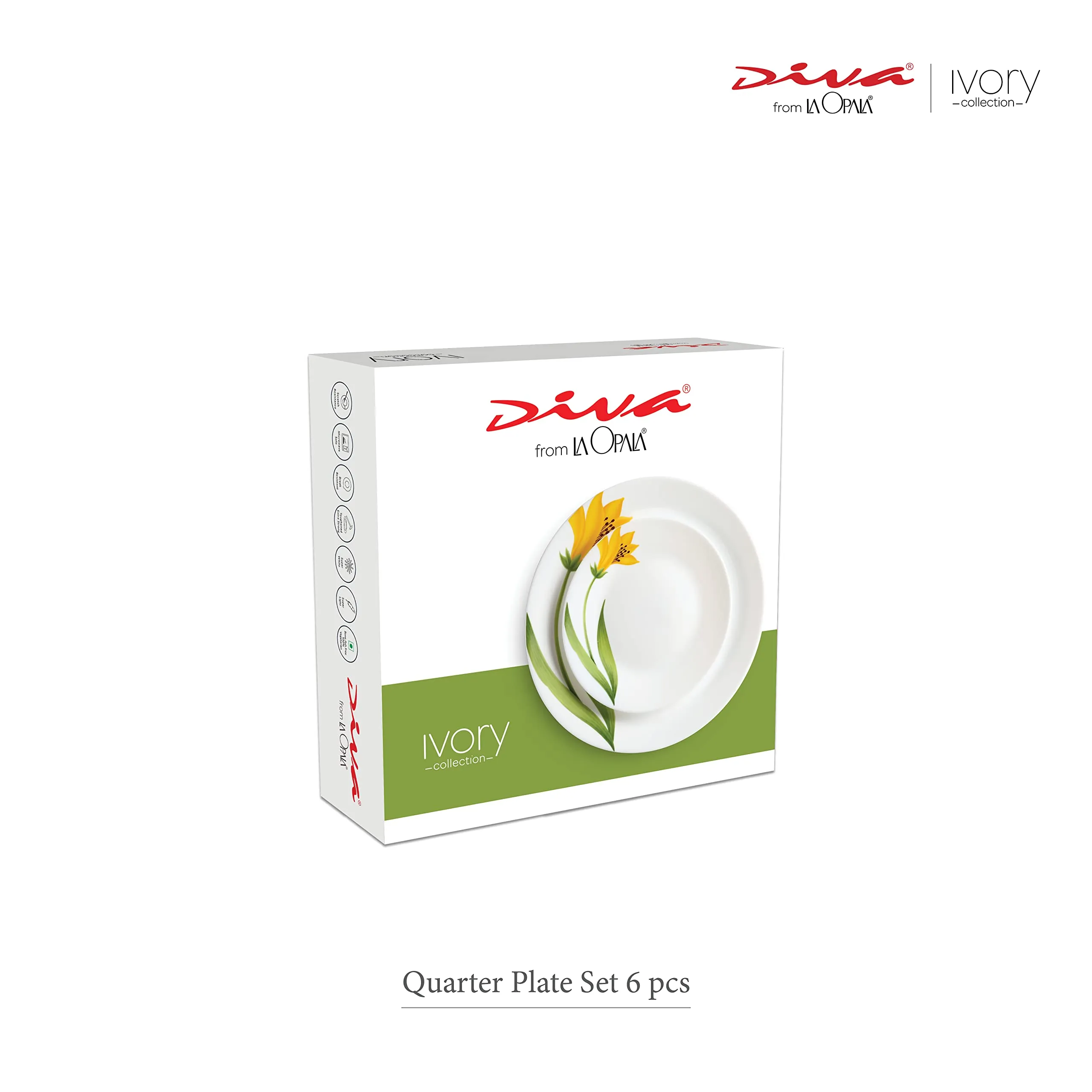 La Opala Diva, Ivory Collection, Opal Glass Quarter Plate Set 6 pcs, Golden Fall, White