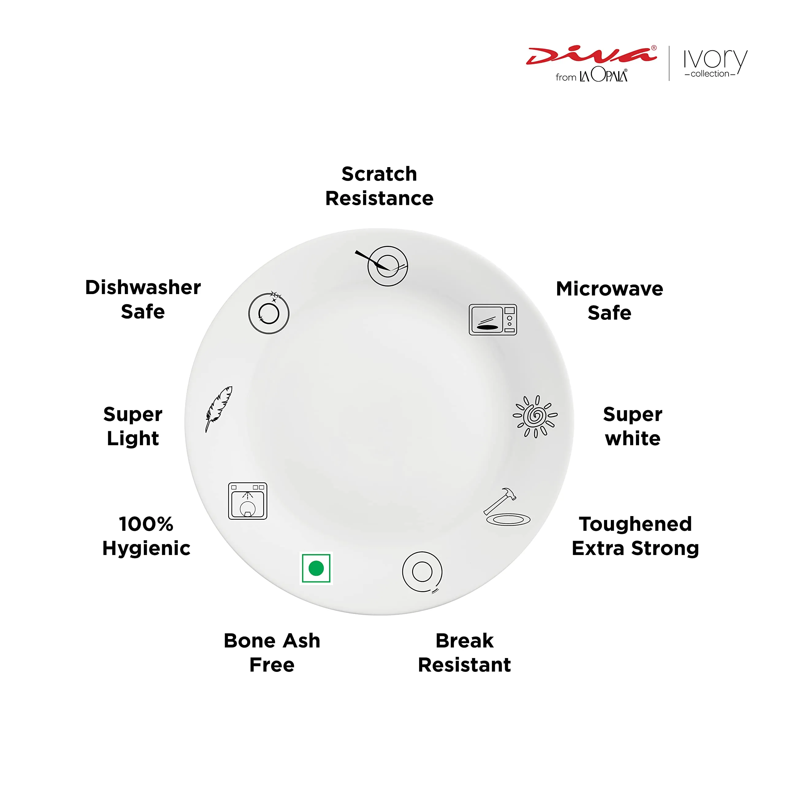 La Opala Diva, Ivory Collection, Opal Glass Quarter Plate Set 6 pcs, Golden Fall, White