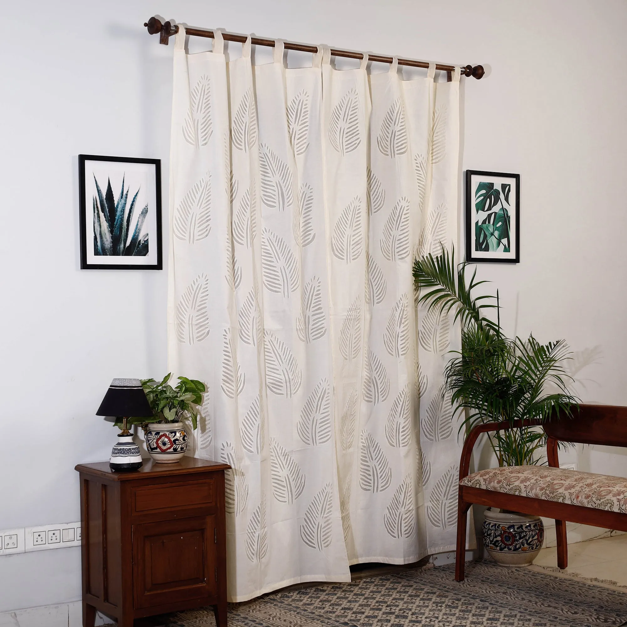 White - Beige - Applique Leaves Cutwork Door Cotton Curtain 03